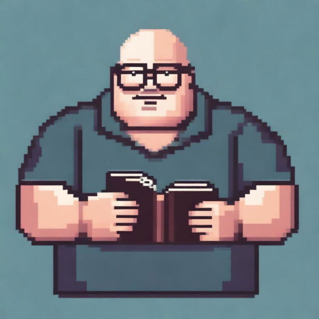 A bald, overweight man with square glasses holding up a book