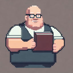 A bald, overweight man with square glasses holding up a book