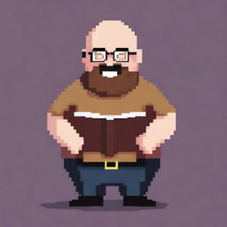 A bald, overweight man with square glasses and a beard is showing a book