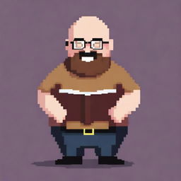 A bald, overweight man with square glasses and a beard is showing a book