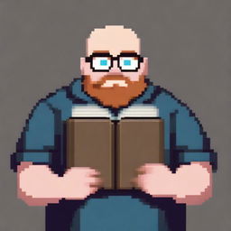 A bald, overweight man with square glasses and a beard is showing a book