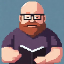 A bald, overweight man with square glasses and a beard is showing a book