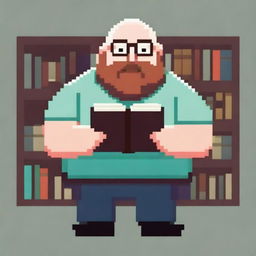 A bald, overweight man with square glasses and a beard is showing a book