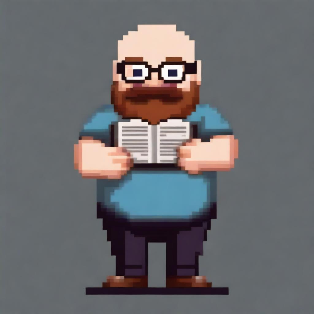 A bald, overweight man with square glasses and a brown beard is showing a book