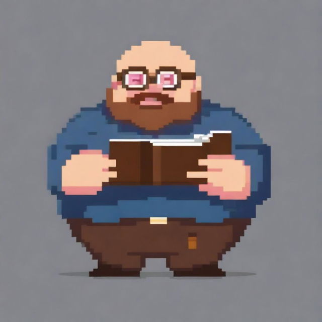 A bald, overweight man with square glasses and a brown beard is showing a book