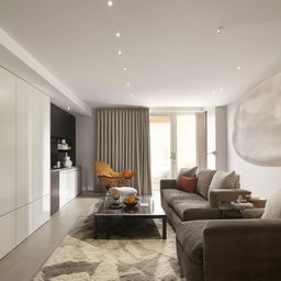 A modern, spacious apartment with a sleek contemporary design style, including minimalist furniture and high-end finish