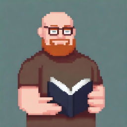 A bald, overweight man with square glasses and a brown beard is showing a book