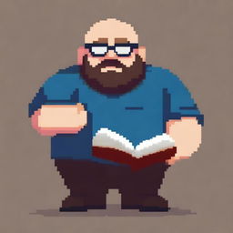 A bald, overweight man with square glasses and a brown beard is showing a book