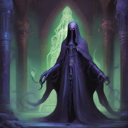 A full-body illustration of an Illithid, also known as a Mind Flayer, standing in a dark, mystical environment