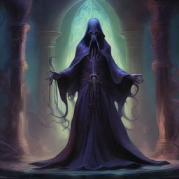 A full-body illustration of an Illithid, also known as a Mind Flayer, standing in a dark, mystical environment