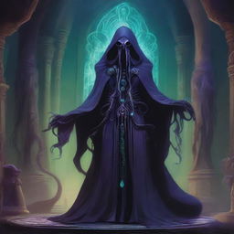 A full-body illustration of an Illithid, also known as a Mind Flayer, standing in a dark, mystical environment