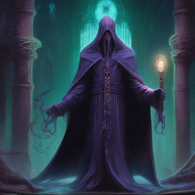 A full-body illustration of an Illithid, also known as a Mind Flayer, standing in a dark, mystical environment