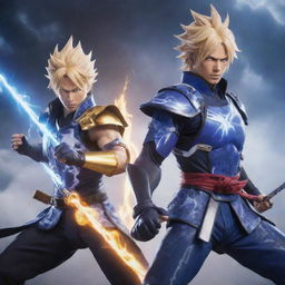 Raiden Shogun from Genshin Impact and Herrscher of Thunder from Honkai Impact 3 together in a dynamic pose, surrounded by a storm of intense energy and lightning.