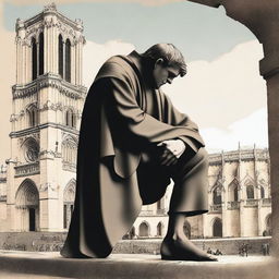 Create an image depicting the Hunchback of Notre Dame, capturing the iconic and dramatic atmosphere of the Notre Dame Cathedral