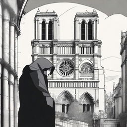 Create an image depicting the Hunchback of Notre Dame, capturing the iconic and dramatic atmosphere of the Notre Dame Cathedral