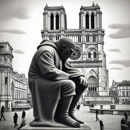 Create an image depicting the Hunchback of Notre Dame, capturing the iconic and dramatic atmosphere of the Notre Dame Cathedral