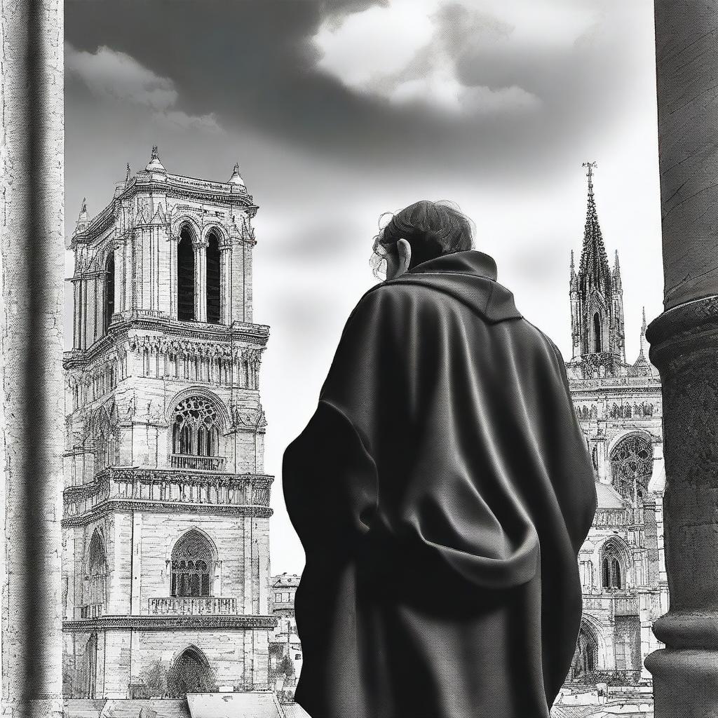 Create an image depicting the Hunchback of Notre Dame, capturing the iconic and dramatic atmosphere of the Notre Dame Cathedral