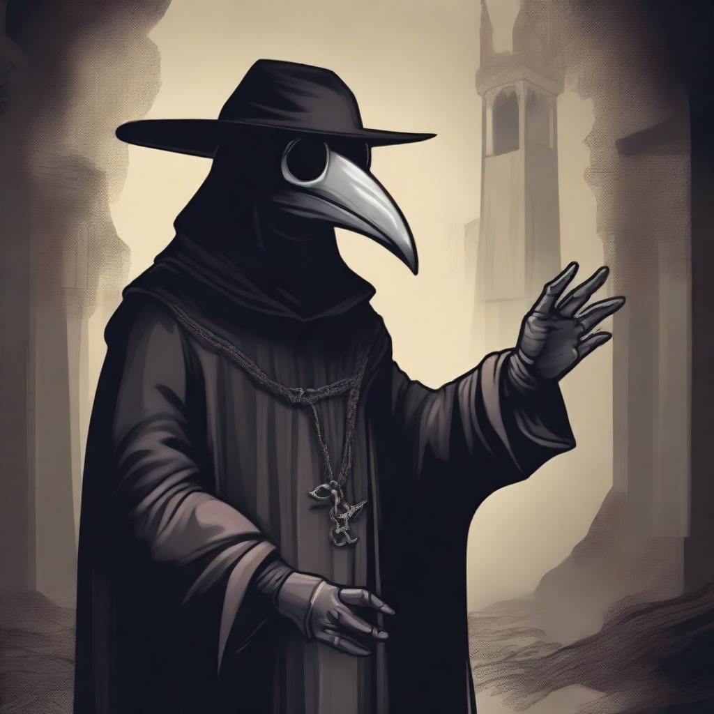 A detailed illustration of a plague doctor showing his hands