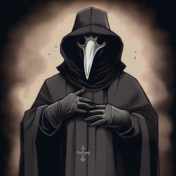 A detailed illustration of a plague doctor showing his hands