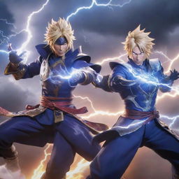 Raiden Shogun from Genshin Impact and Herrscher of Thunder from Honkai Impact 3 together in a dynamic pose, surrounded by a storm of intense energy and lightning.