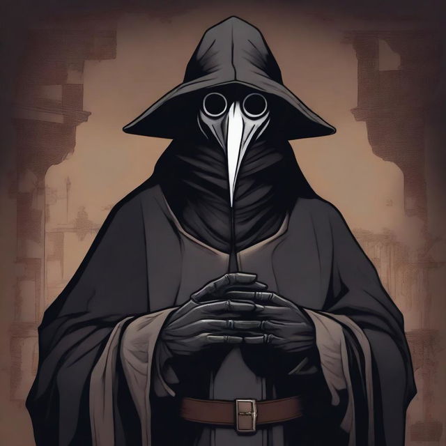 A detailed illustration of a plague doctor showing his hands