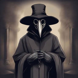 A detailed illustration of a plague doctor showing his hands