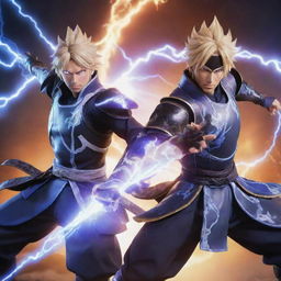 Raiden Shogun from Genshin Impact and Herrscher of Thunder from Honkai Impact 3 together in a dynamic pose, surrounded by a storm of intense energy and lightning.