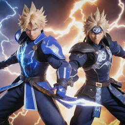 Raiden Shogun from Genshin Impact and Herrscher of Thunder from Honkai Impact 3 together in a dynamic pose, surrounded by a storm of intense energy and lightning.