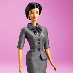 Create a Barbie doll modeled after Simone Veil, featuring her iconic hairstyle, elegant attire, and a confident, dignified expression