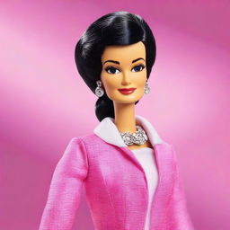 Create a Barbie doll modeled after Simone Veil, featuring her iconic hairstyle, elegant attire, and a confident, dignified expression