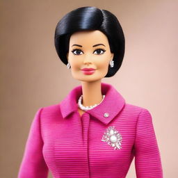 Create a Barbie doll modeled after Simone Veil, featuring her iconic hairstyle, elegant attire, and a confident, dignified expression