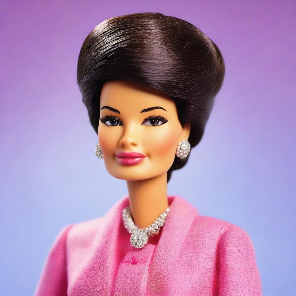 Create a Barbie doll modeled after Simone Veil in her older age, featuring her iconic hairstyle, elegant and mature attire, and a wise, dignified expression