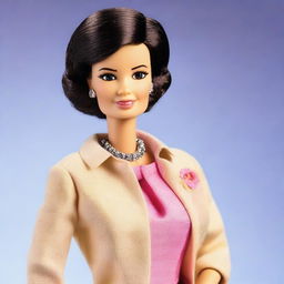 Create a Barbie doll modeled after Simone Veil in her older age, featuring her iconic hairstyle, elegant and mature attire, and a wise, dignified expression