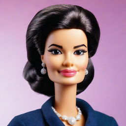 Create a Barbie doll modeled after Simone Veil in her older age, featuring her iconic hairstyle, elegant and mature attire, and a wise, dignified expression