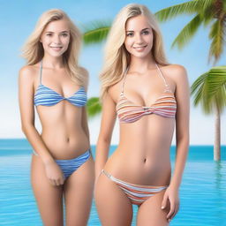 Create a realistic image of a young woman with blond hair wearing a bikini