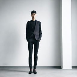 A photo of a very slim, very tall, and very thin person standing in a minimalist setting