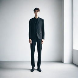 A photo of a very slim, very tall, and very thin person standing in a minimalist setting