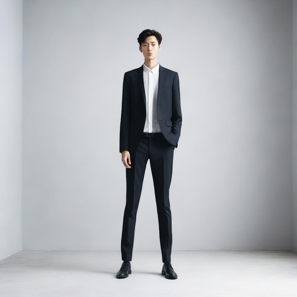 A photo of a very slim, very tall, and very thin person standing in a minimalist setting