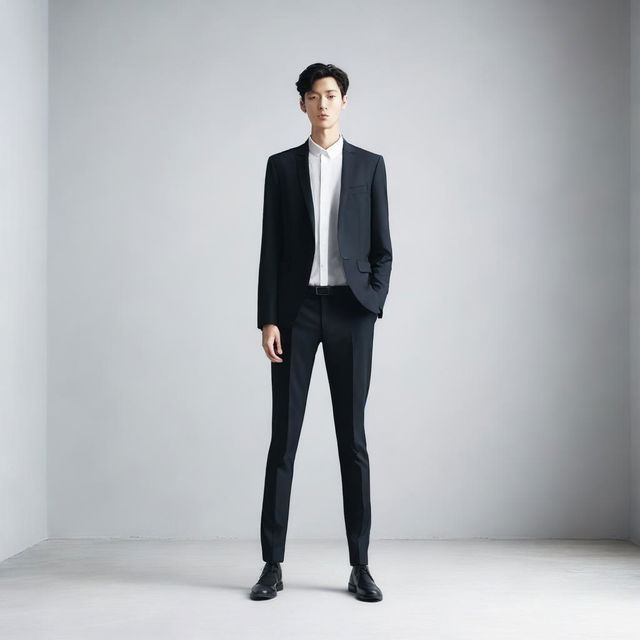 A photo of a very slim, very tall, and very thin person standing in a minimalist setting