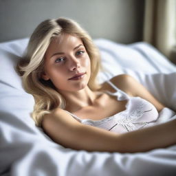 Create a realistic image of a blond girl lying in bed