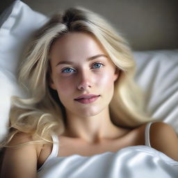 Create a realistic image of a blond girl lying in bed