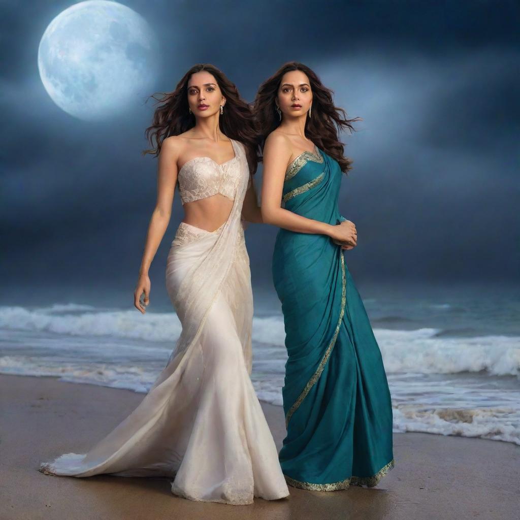 Disney-style illustration focusing on the figures of Nora Fatehi and Deepika Padukone together on a beach during a stormy night. Nora in fashionable attire and Deepika in a saree, with a backdrop of lightning and a half-covered moon.