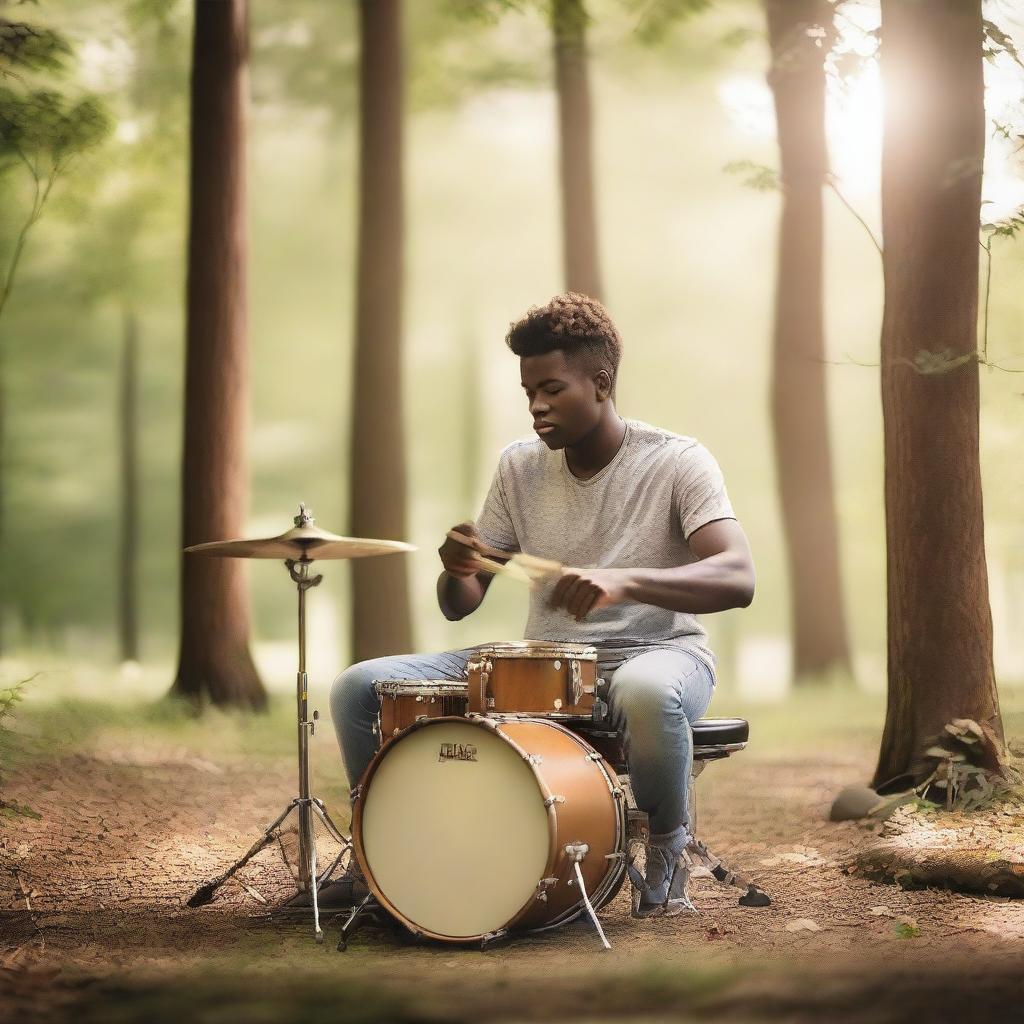 A serene scene where a drummer is playing a drum set in a peaceful outdoor setting