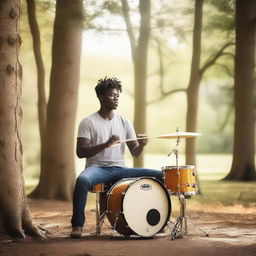 A serene scene where a drummer is playing a drum set in a peaceful outdoor setting