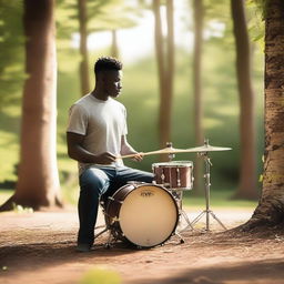 A serene scene where a drummer is playing a drum set in a peaceful outdoor setting