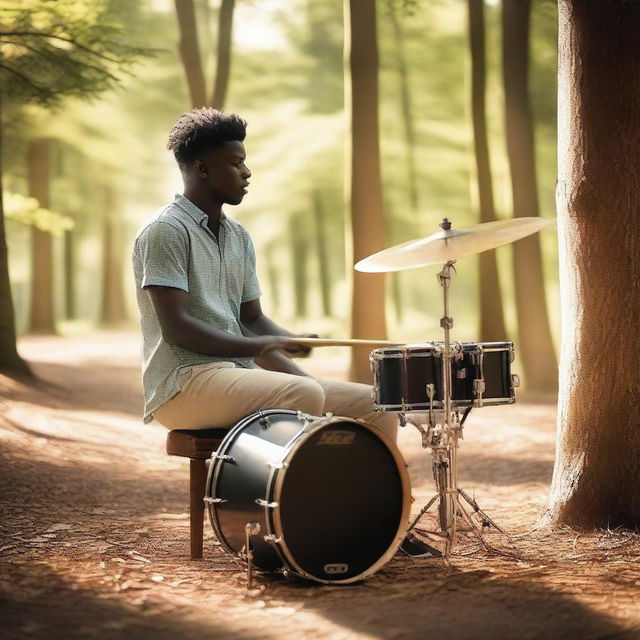 A serene scene where a drummer is playing a drum set in a peaceful outdoor setting