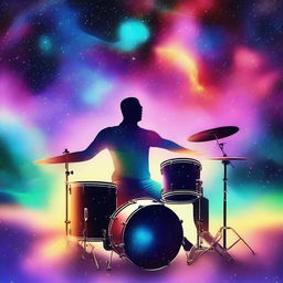 A cosmic scene where a drummer is playing a drum set in space