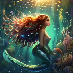 A teenage mermaid with long, shimmering hair, a vibrant, sparkling tail, while swimming amongst colorful underwater creatures and plants in a serene oceanic setting.