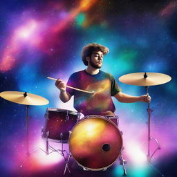 A cosmic scene where a drummer is playing a drum set in space