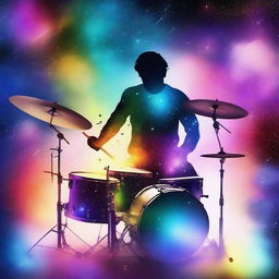 A cosmic scene where a drummer is playing a drum set in space